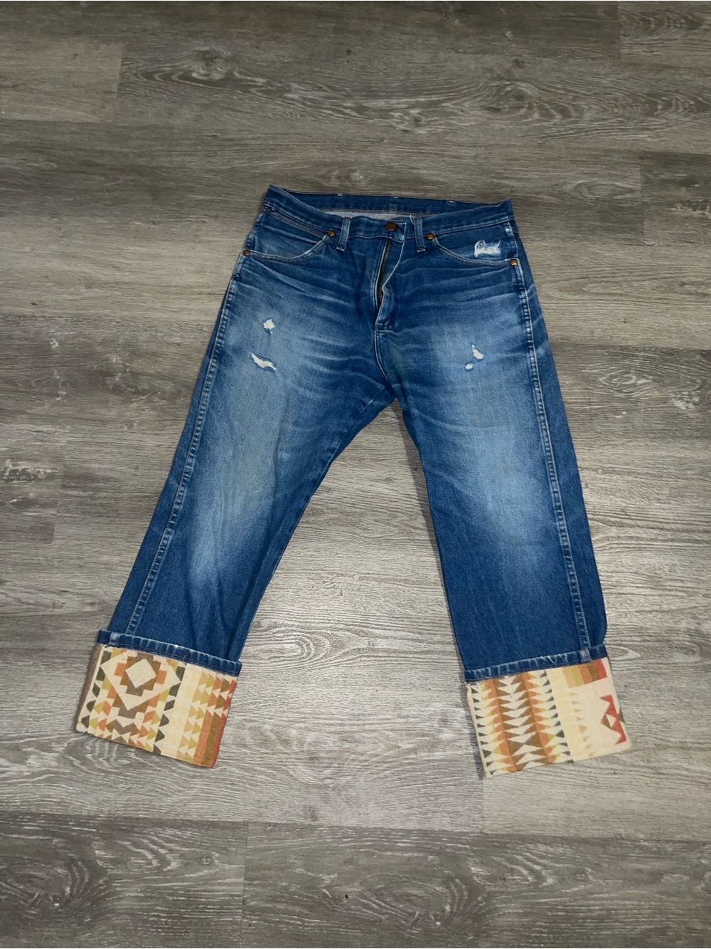 Wrangler Blue Denim Jeans with Patterned Cuff upcycled jeans - Picture 2 of 4